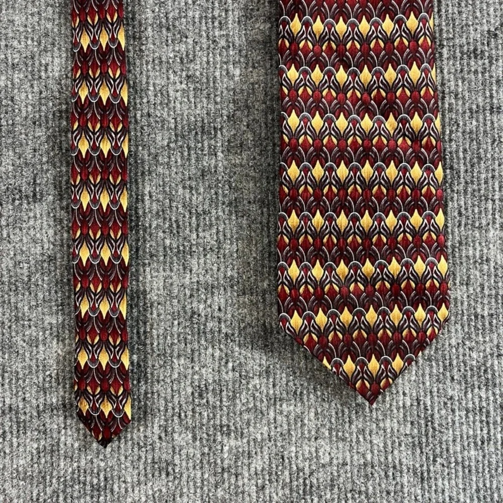 Stonehenge Mens Silk Tie Burgundy Gold Geometric Pattern Handmade Necktie
